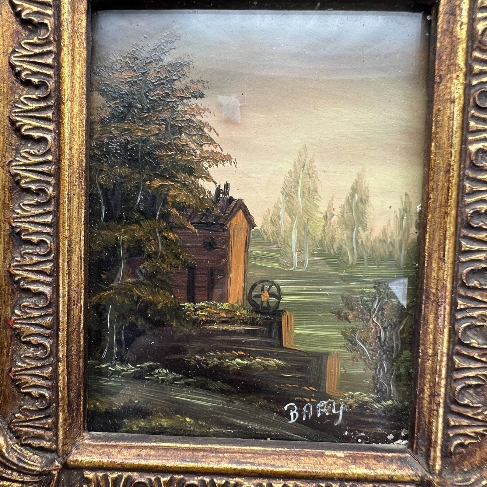 Antico Quadretto stile Barocco cornice oro dipinto vintage in Miniatura Bucolica Categoria  Quadri