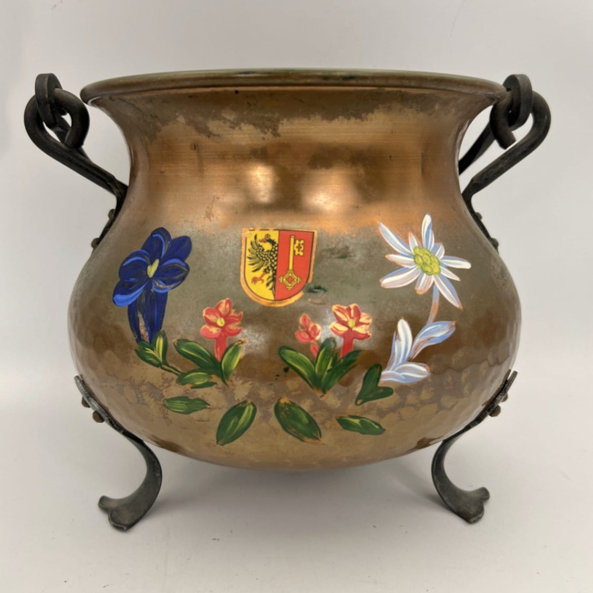 Antico Vaso in Rame Vecchia Pentola Dipinta con Manico Souvenir di Ginevra  1kg Categoria  altro
