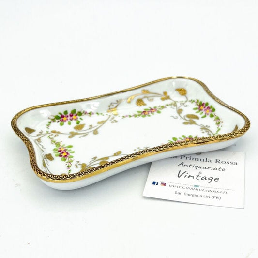 Antico vassoietto in porcellana Limoge piattino vintage con fiori metallo oro Categoria  Centrotavola e Ciotole