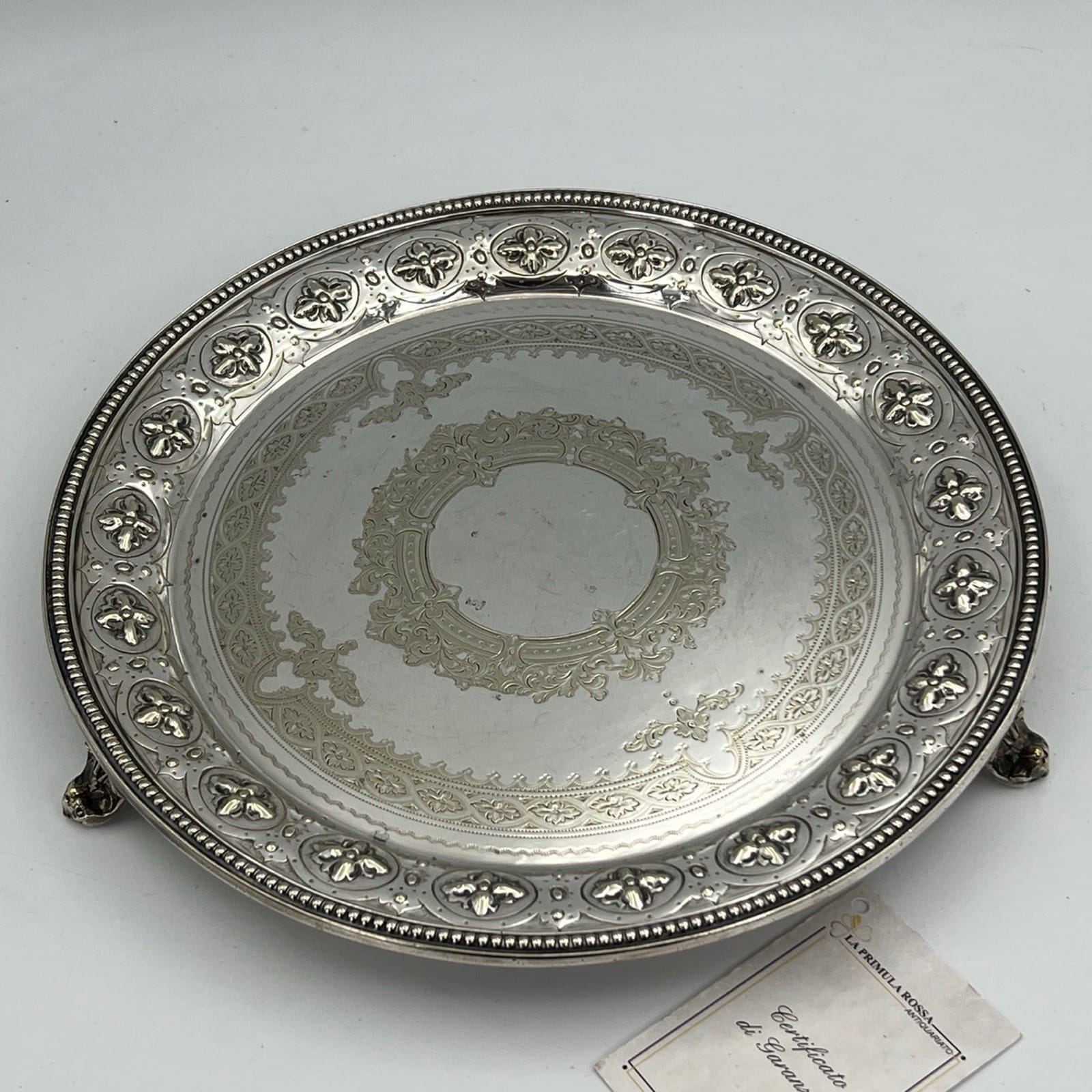Antico Vassoio in argento sheffield silver plated rotondo inciso d' epoca 800' X Categoria  Sheffield & Argento