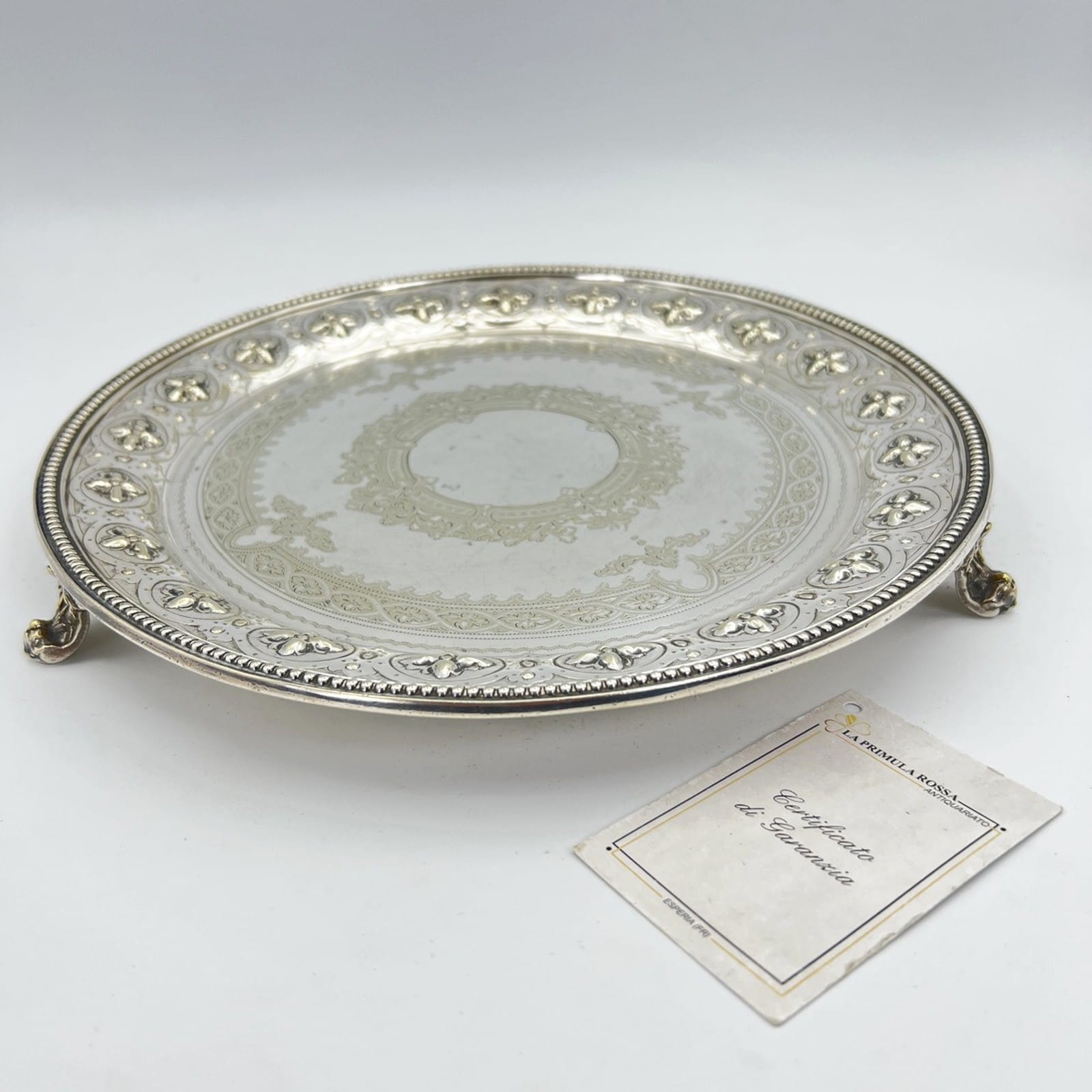 Antico Vassoio in argento sheffield silver plated rotondo inciso d' epoca 800' X Categoria  Sheffield & Argento