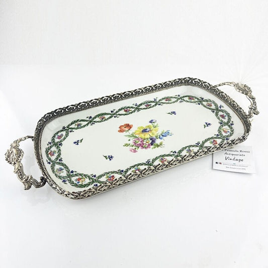 Antico vassoio in porcellana Limoges piatto vintage con fiori metallo argentato Categoria  Centrotavola e Ciotole