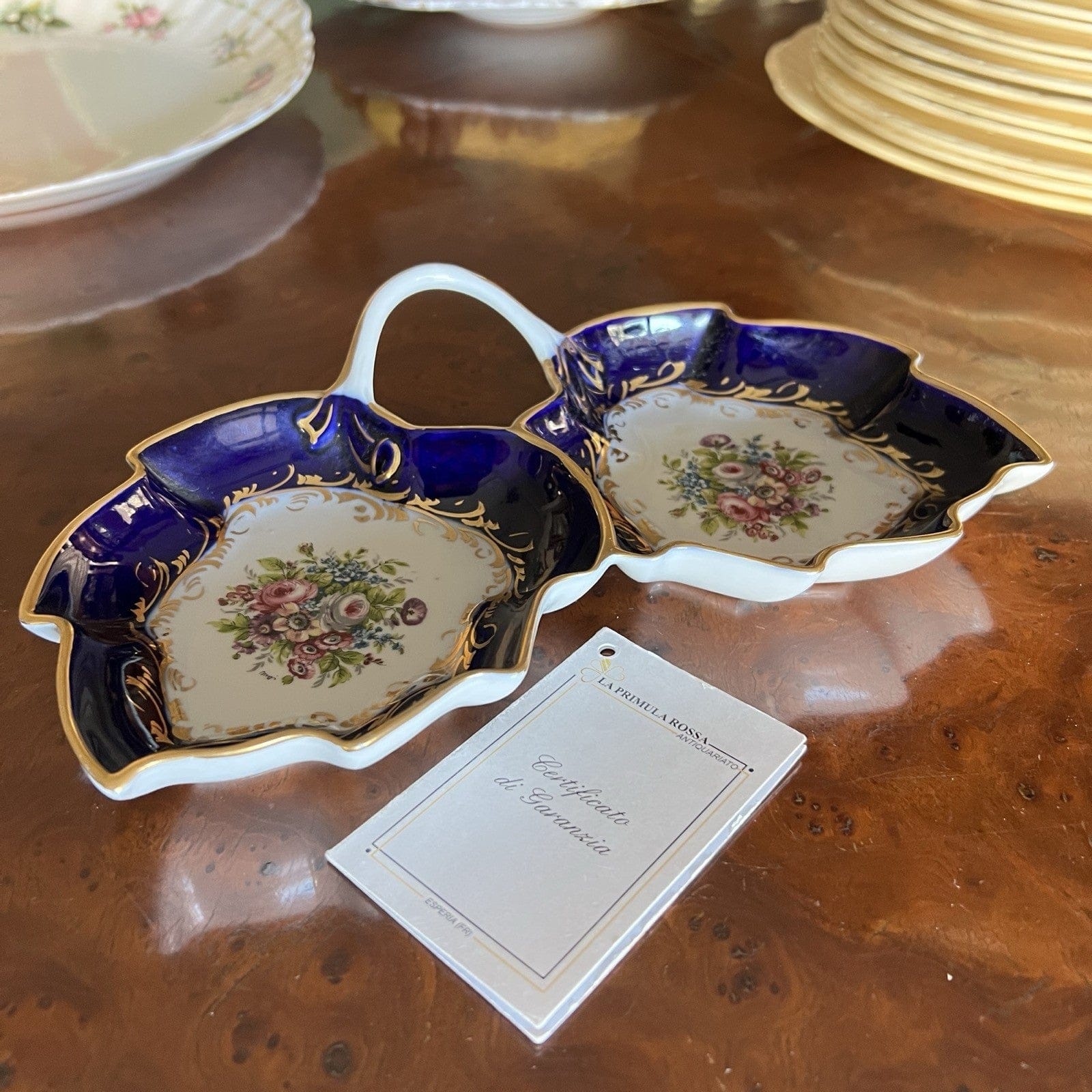 Antipastiera antica in porcellana Limoges Pate blu cobalto e oro porta Bon Bon Categoria  Piatti Vassoio