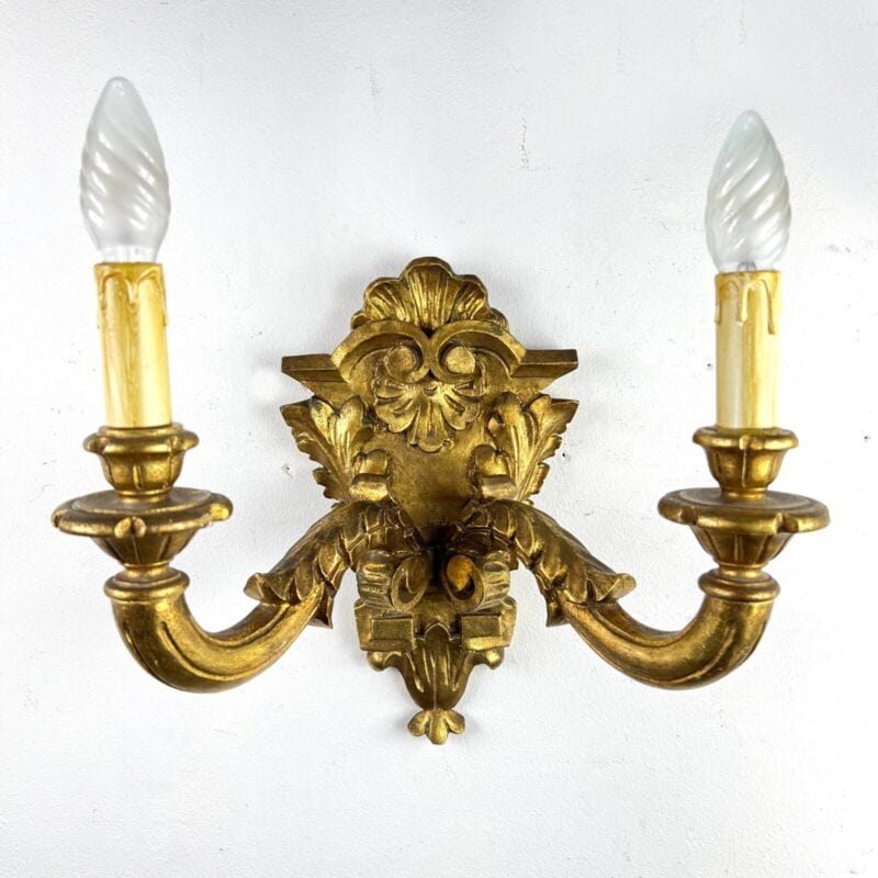 Applique stile antico in legno dorato oro lampada da parete a due luci anni 40 Categoria  Lampade Appliques