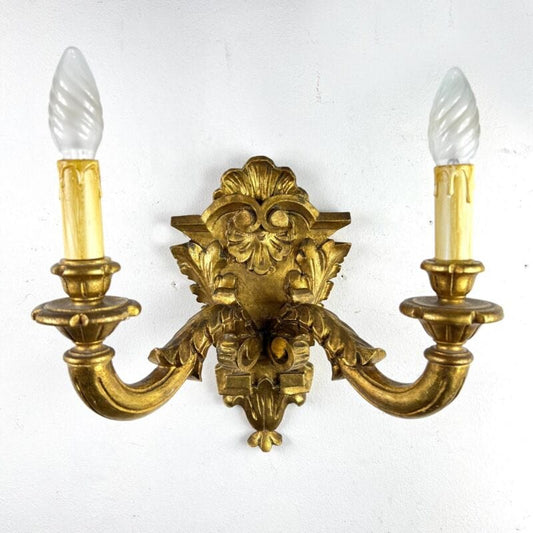 Applique stile antico in legno dorato oro lampada da parete a due luci anni 40 Categoria  Lampade Appliques