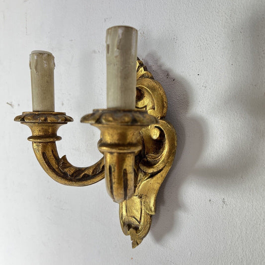 Applique stile antico in legno dorato oro lampada da parete a due luci anni 40 Categoria  Lampade Appliques