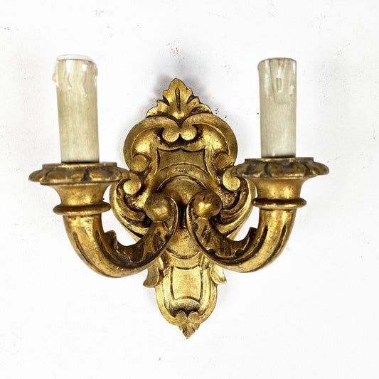 Applique stile antico in legno dorato oro lampada da parete a due luci anni 40 Categoria  Lampade Appliques