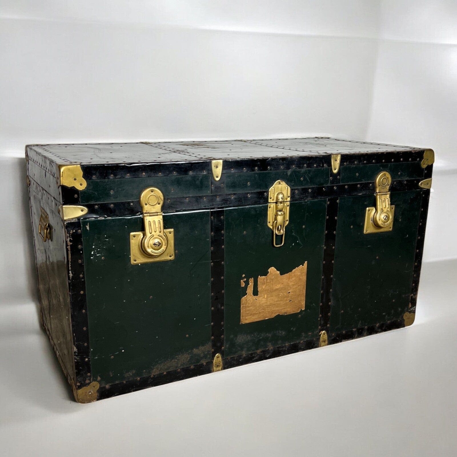 Baule antico in legno da viaggio Forziere Cassapanca 900 vintage Cassa verde '50 Categoria  Casse & Bauli