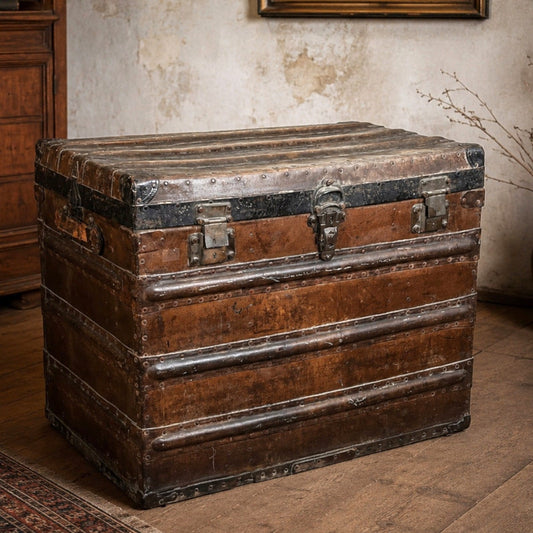Baule antico in Metallo Marrone simil pelle da viaggio Cassa d'epoca 800 Arredo Categoria  Casse & Bauli