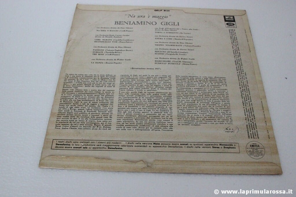 BENIAMINO GIGLI  'NA SERA 'E MAGGIO LA VOCE DEL PADRONE 1957 8131 VINILE ITALY Categoria  Dischi in Vinile
