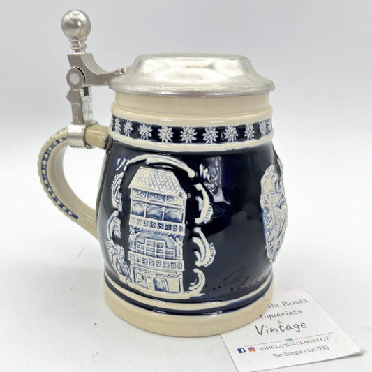 Boccale da birra in ceramica Austria vintage con coperchio in peltro bicchiere Categoria  Boccali