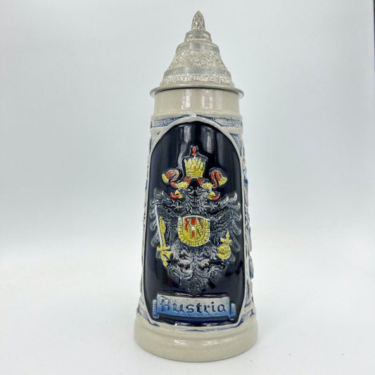 Boccale da birra in ceramica Austria vintage con coperchio in peltro bicchiere E Categoria  Boccali