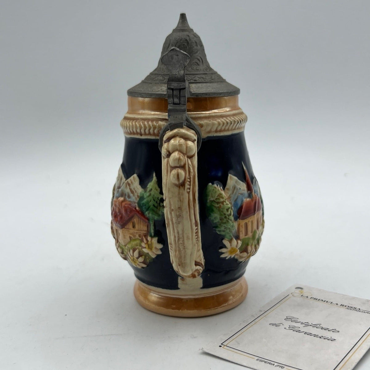 Boccale da birra in ceramica con coperchio tedesco vintage citta Strasburgo Kel Categoria  Boccali