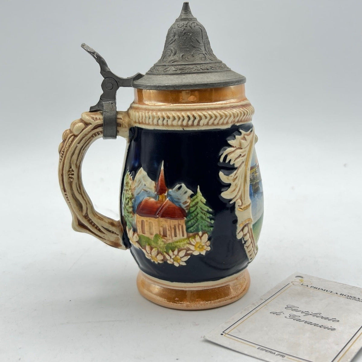 Boccale da birra in ceramica con coperchio tedesco vintage citta Strasburgo Kel Categoria  Boccali