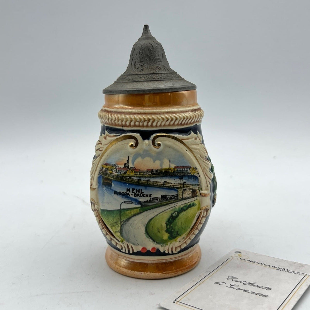Boccale da birra in ceramica con coperchio tedesco vintage citta Strasburgo Kel Categoria  Boccali