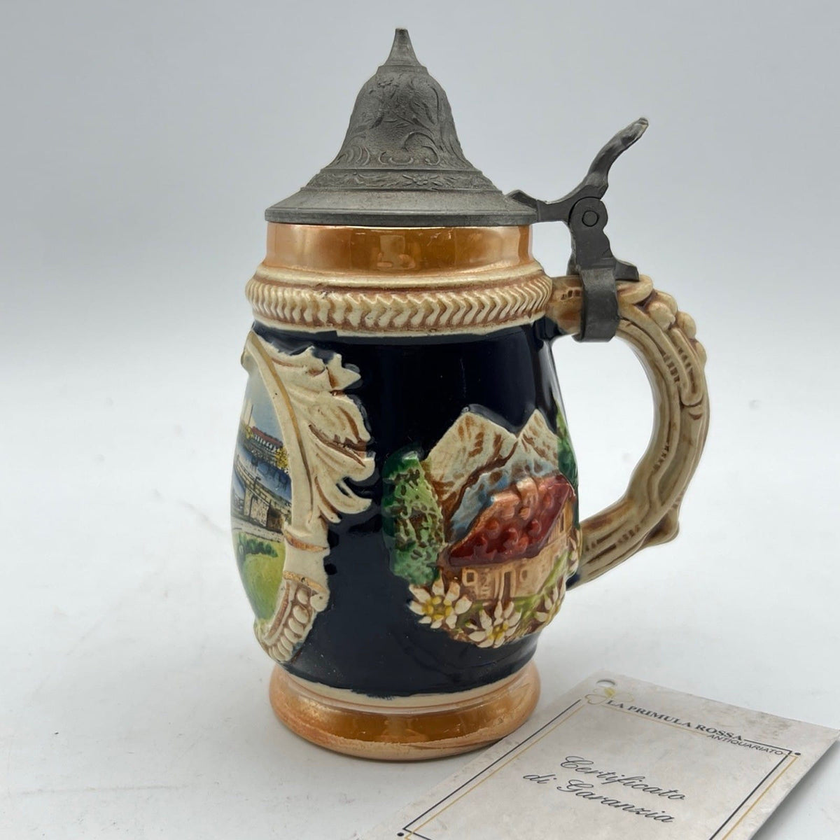 Boccale da birra in ceramica con coperchio tedesco vintage citta Strasburgo Kel Categoria  Boccali