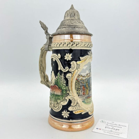 Boccale da birra in ceramica Innsbruck vintage con coperchio in peltro bicchiere Categoria  Birra & dintorni