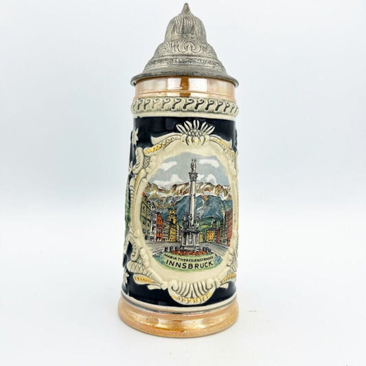 Boccale da birra in ceramica Innsbruck vintage con coperchio in peltro bicchiere Categoria  Birra & dintorni