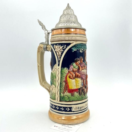 Boccale da birra in ceramica Tedesco di Caccia vintage con coperchio Cacciatori Categoria  Boccali
