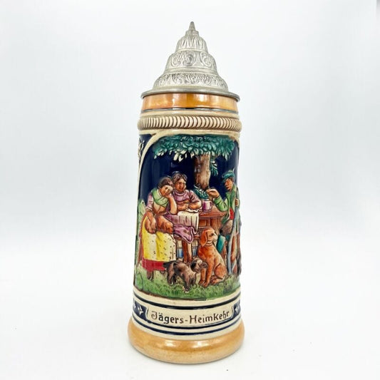 Boccale da birra in ceramica Tedesco di Caccia vintage con coperchio Cacciatori Categoria  Boccali