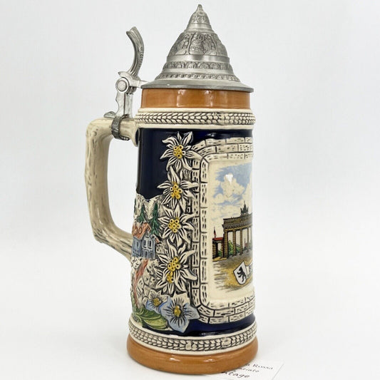 Boccale da birra in ceramica tedesco vintage con coperchio in peltro Berlino Categoria  Boccali