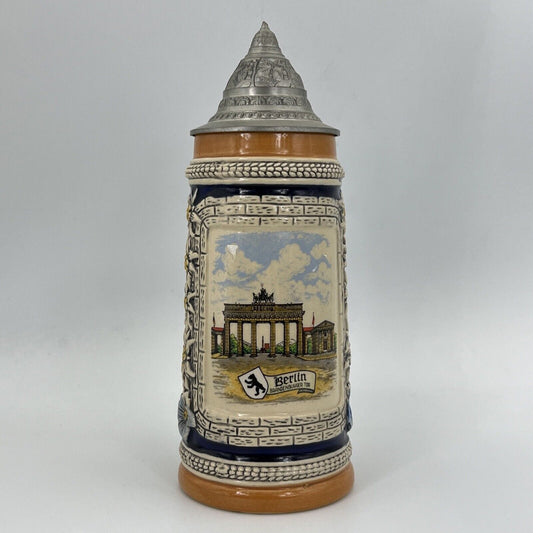 Boccale da birra in ceramica tedesco vintage con coperchio in peltro Berlino Categoria  Boccali