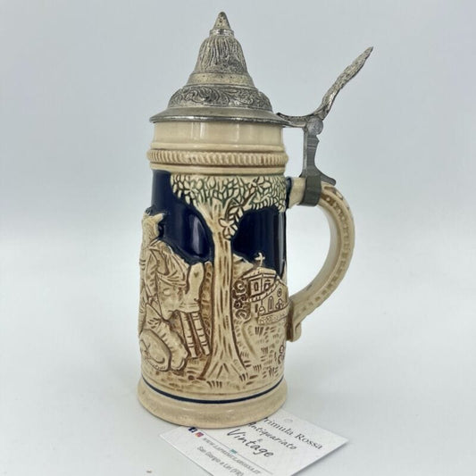 Boccale da birra in ceramica tedesco vintage con coperchio in peltro bicchiere 2 Categoria  Boccali