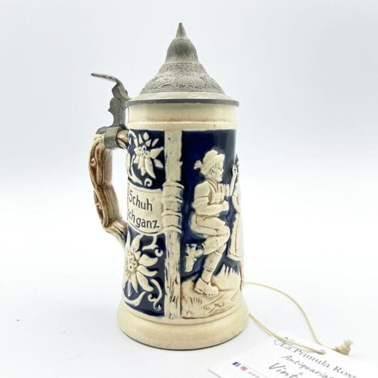 Boccale da birra in ceramica tedesco vintage con coperchio in peltro bicchiere 2 Categoria  Boccali
