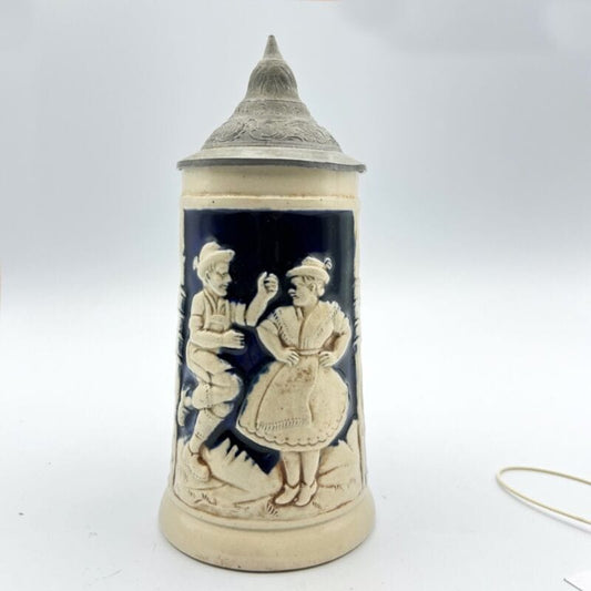 Boccale da birra in ceramica tedesco vintage con coperchio in peltro bicchiere 2 Categoria  Boccali