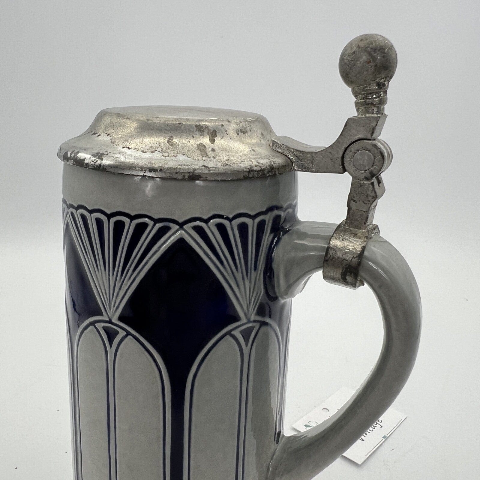 Boccale da birra in ceramica tedesco vintage con coperchio in peltro bicchiere 3 Categoria  Boccali