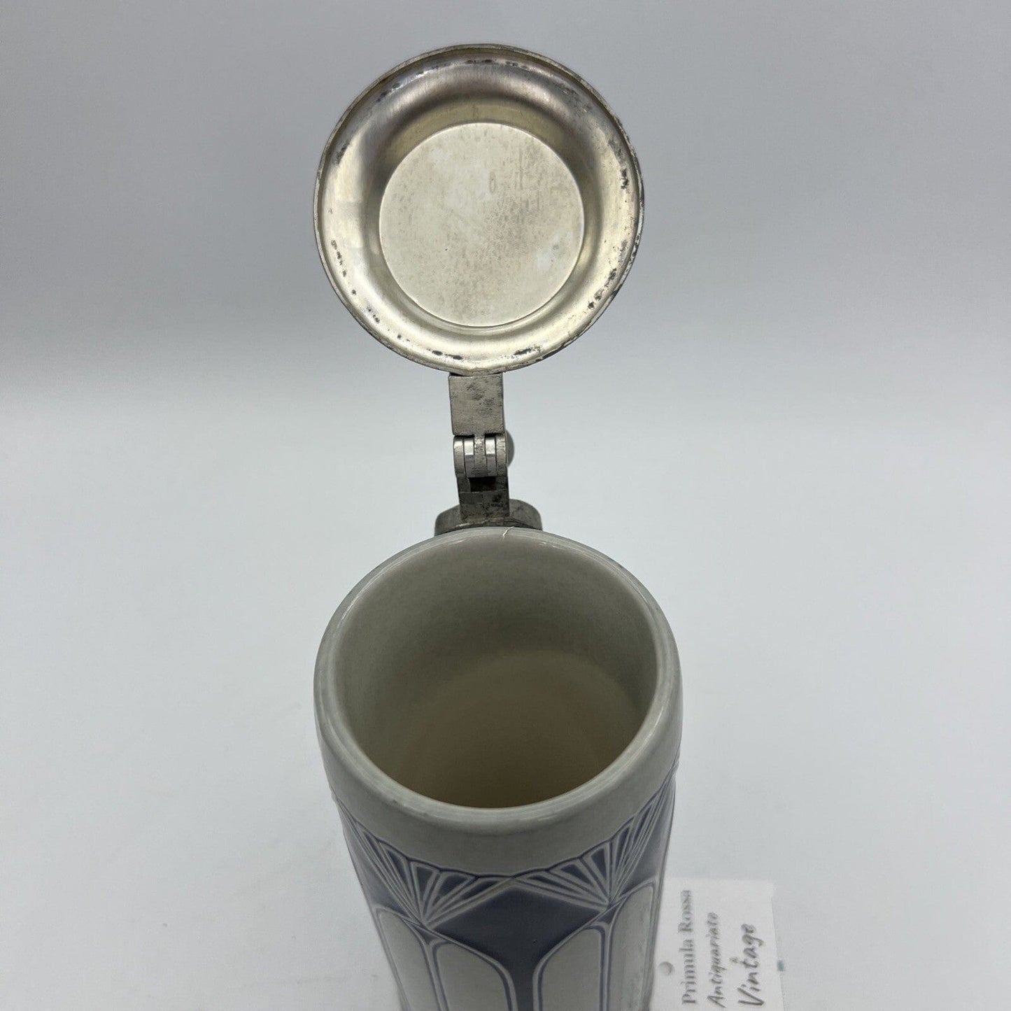 Boccale da birra in ceramica tedesco vintage con coperchio in peltro bicchiere 3 Categoria  Boccali