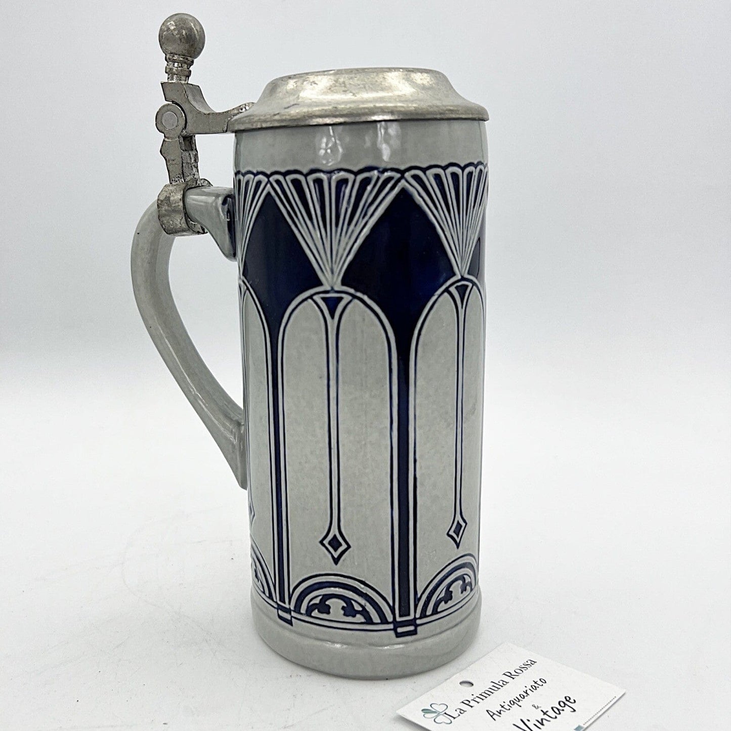 Boccale da birra in ceramica tedesco vintage con coperchio in peltro bicchiere 3 Categoria  Boccali