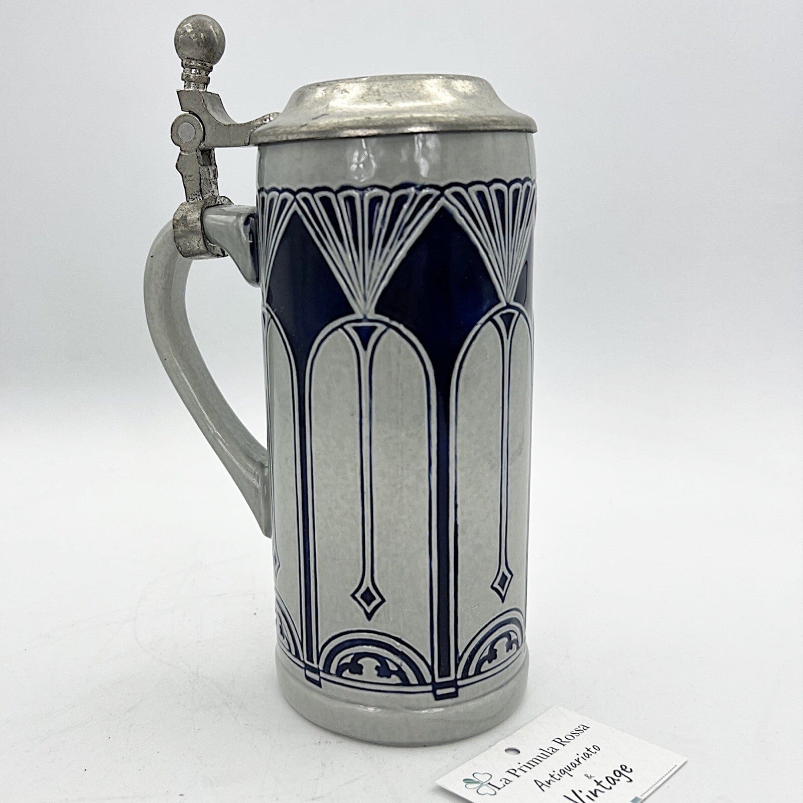 Boccale da birra in ceramica tedesco vintage con coperchio in peltro bicchiere 3 Categoria  Boccali