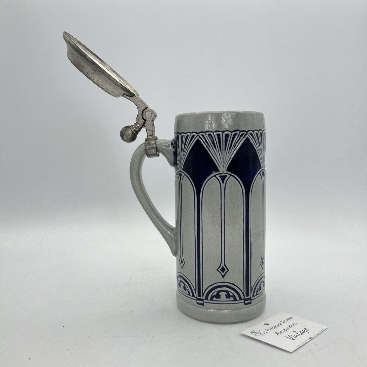 Boccale da birra in ceramica tedesco vintage con coperchio in peltro bicchiere 3 Categoria  Boccali
