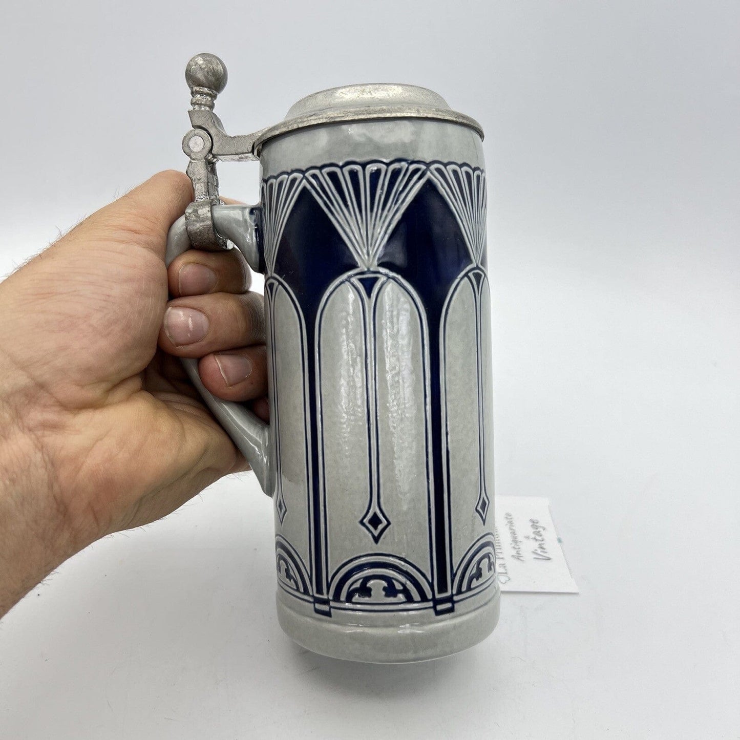 Boccale da birra in ceramica tedesco vintage con coperchio in peltro bicchiere 3 Categoria  Boccali