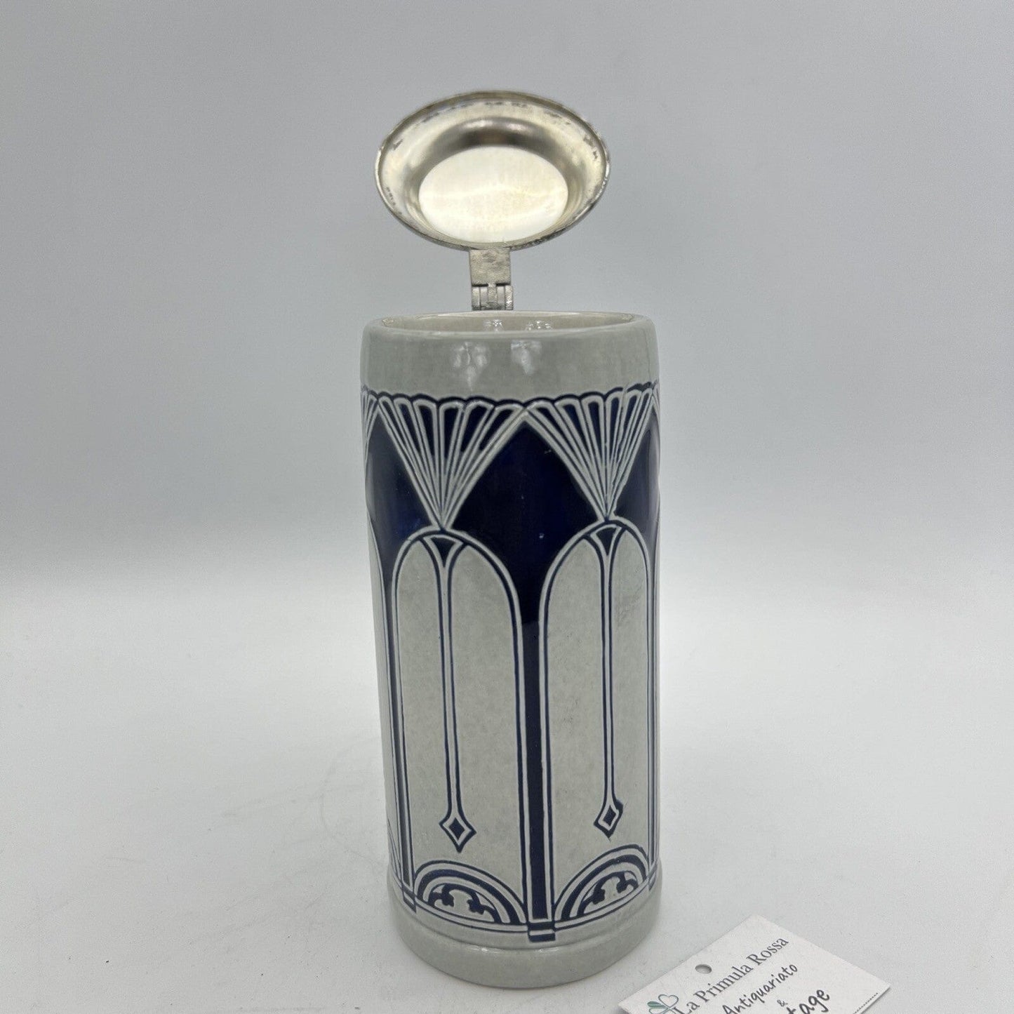 Boccale da birra in ceramica tedesco vintage con coperchio in peltro bicchiere 3 Categoria  Boccali