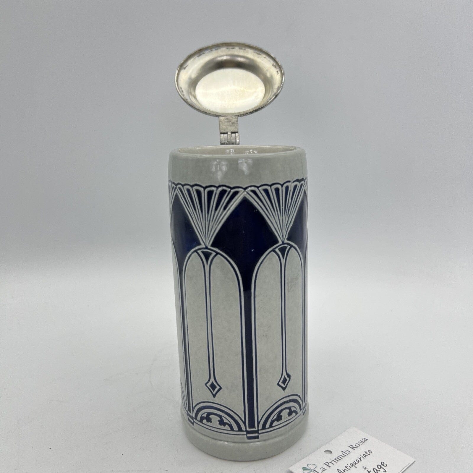 Boccale da birra in ceramica tedesco vintage con coperchio in peltro bicchiere 3 Categoria  Boccali