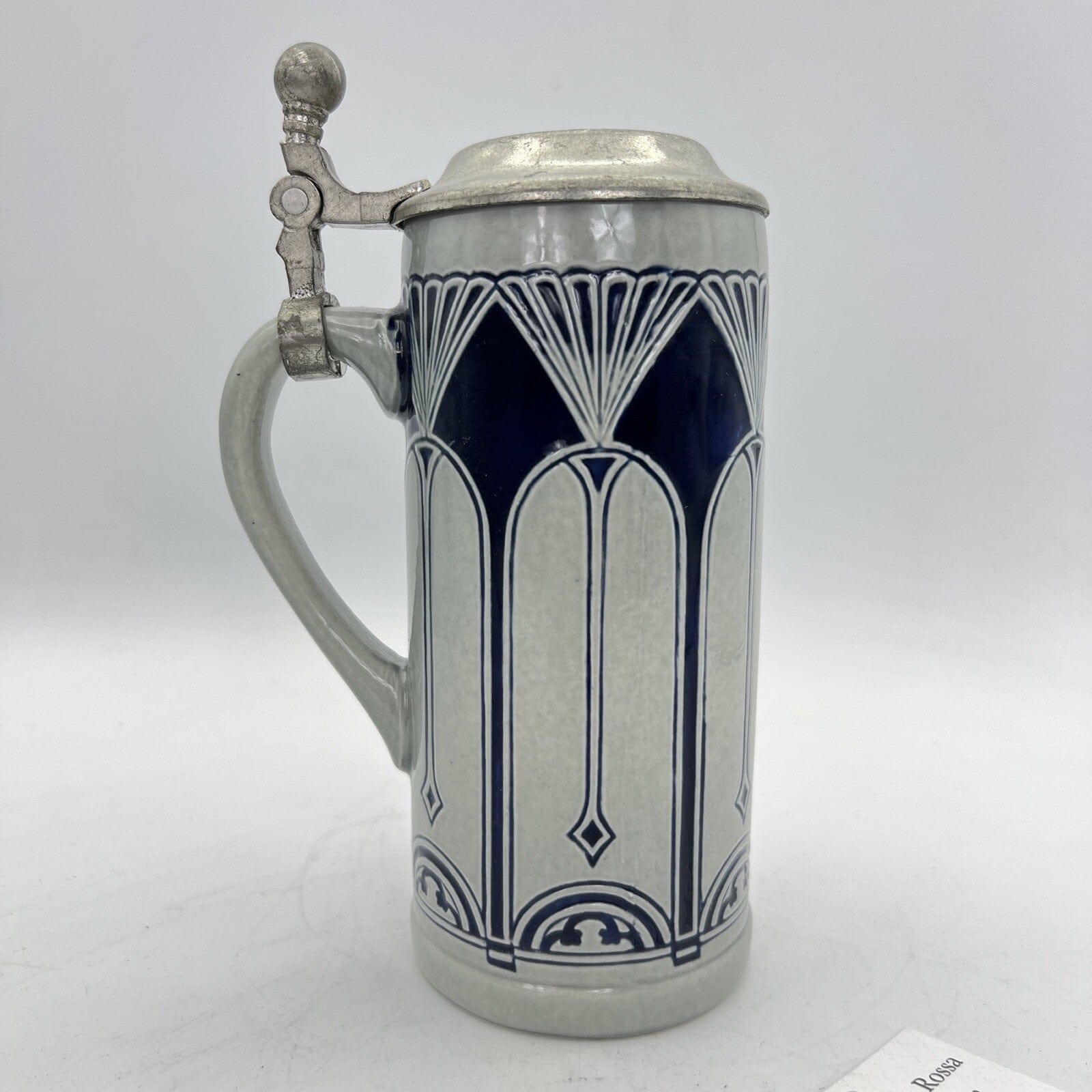 Boccale da birra in ceramica tedesco vintage con coperchio in peltro bicchiere 3 Categoria  Boccali