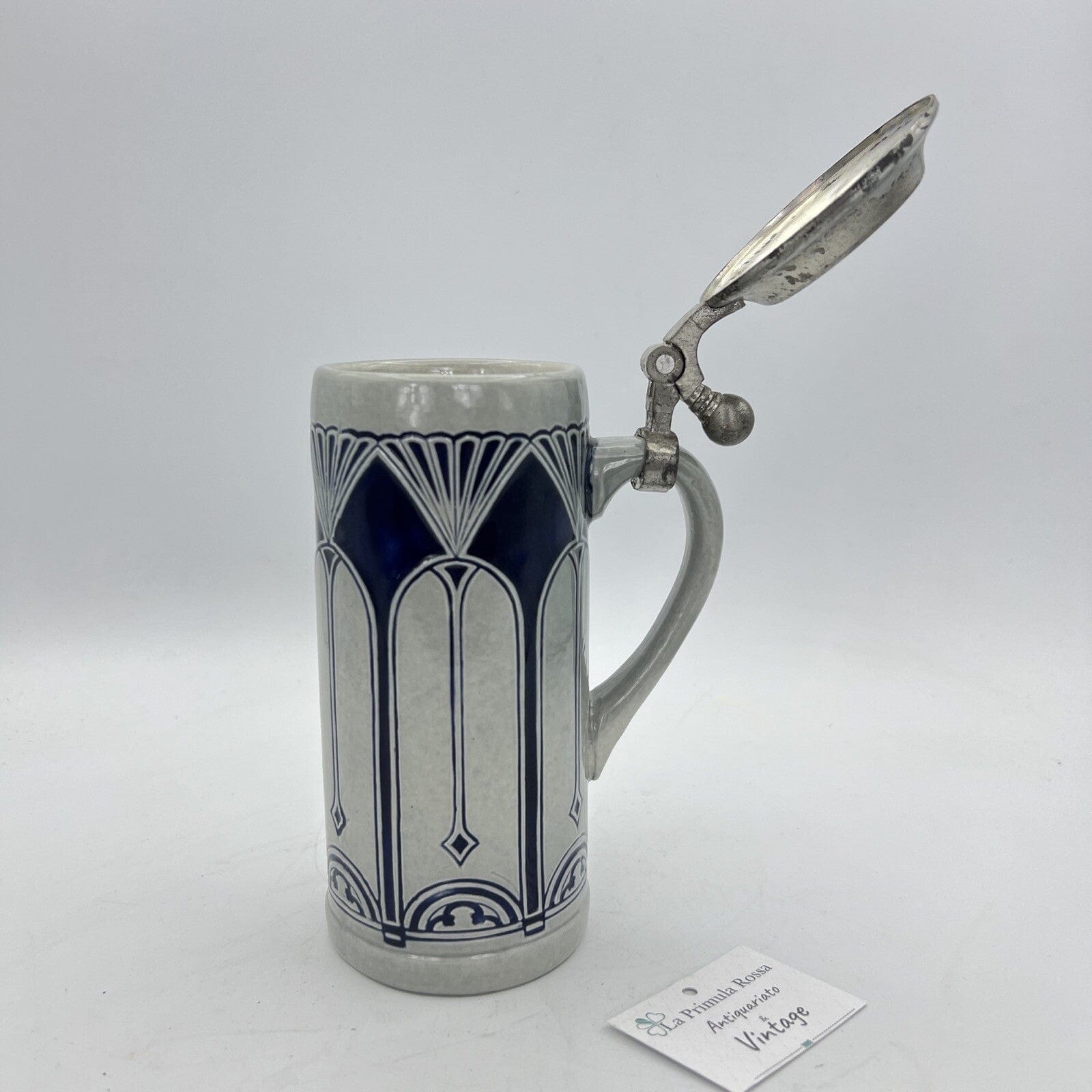 Boccale da birra in ceramica tedesco vintage con coperchio in peltro bicchiere 3 Categoria  Boccali