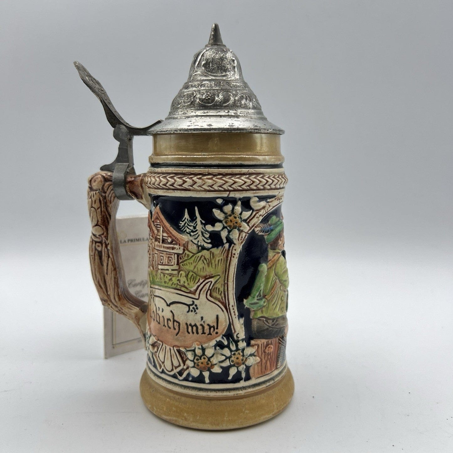 Boccale da birra in ceramica tedesco vintage con coperchio in peltro bicchiere A Categoria  Boccali