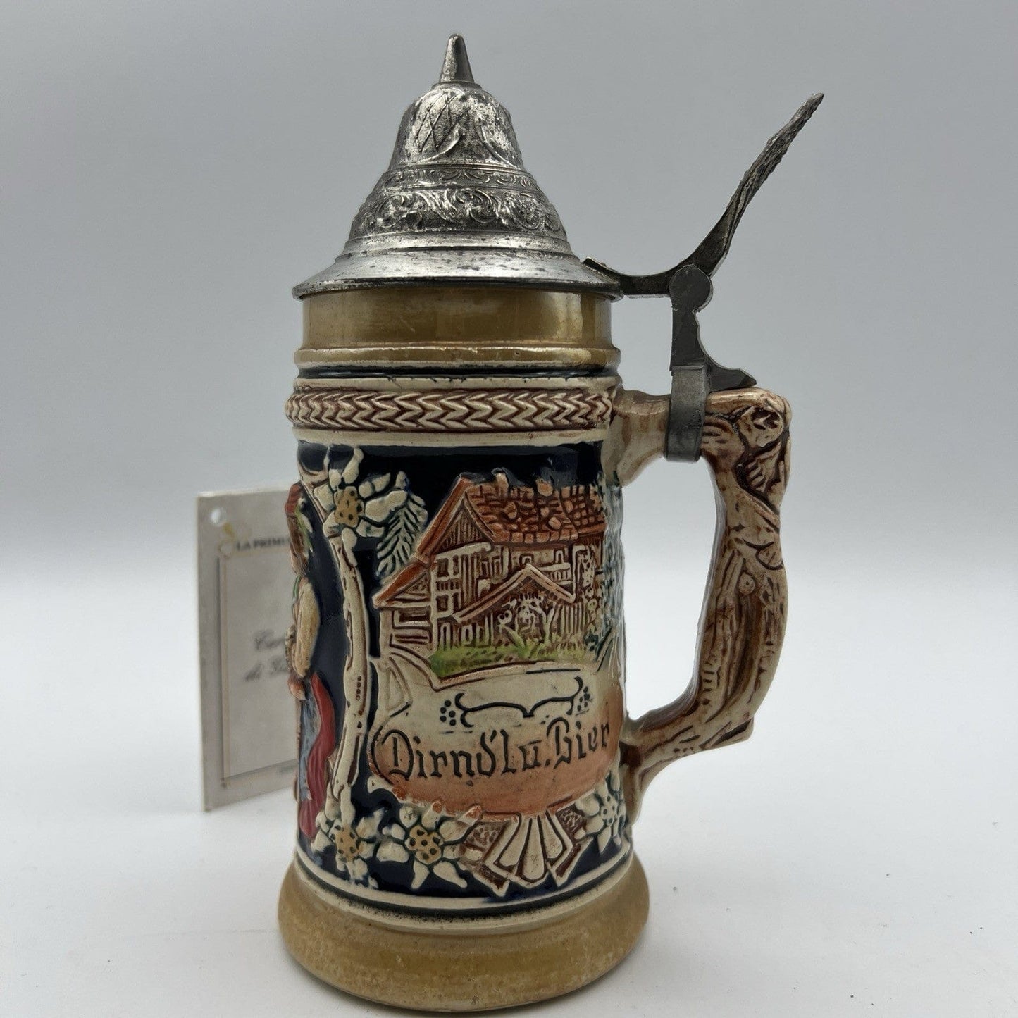 Boccale da birra in ceramica tedesco vintage con coperchio in peltro bicchiere A Categoria  Boccali