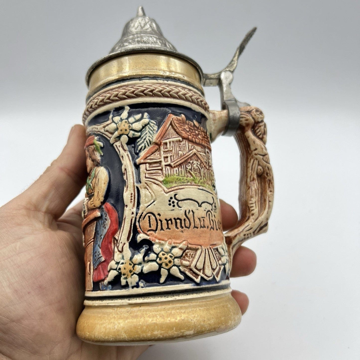 Boccale da birra in ceramica tedesco vintage con coperchio in peltro bicchiere A Categoria  Boccali