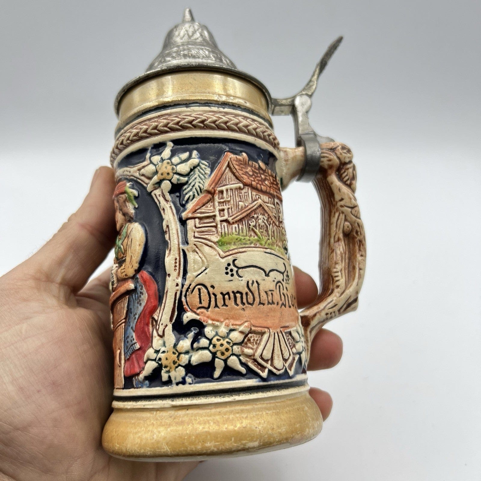 Boccale da birra in ceramica tedesco vintage con coperchio in peltro bicchiere A Categoria  Boccali