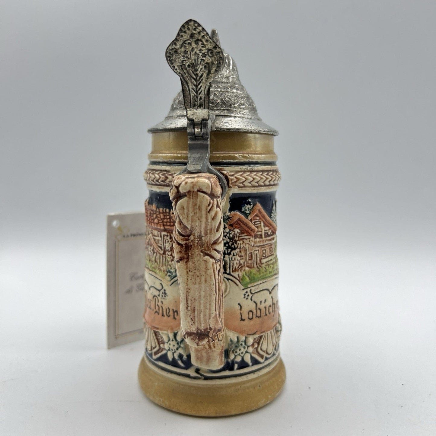 Boccale da birra in ceramica tedesco vintage con coperchio in peltro bicchiere A Categoria  Boccali