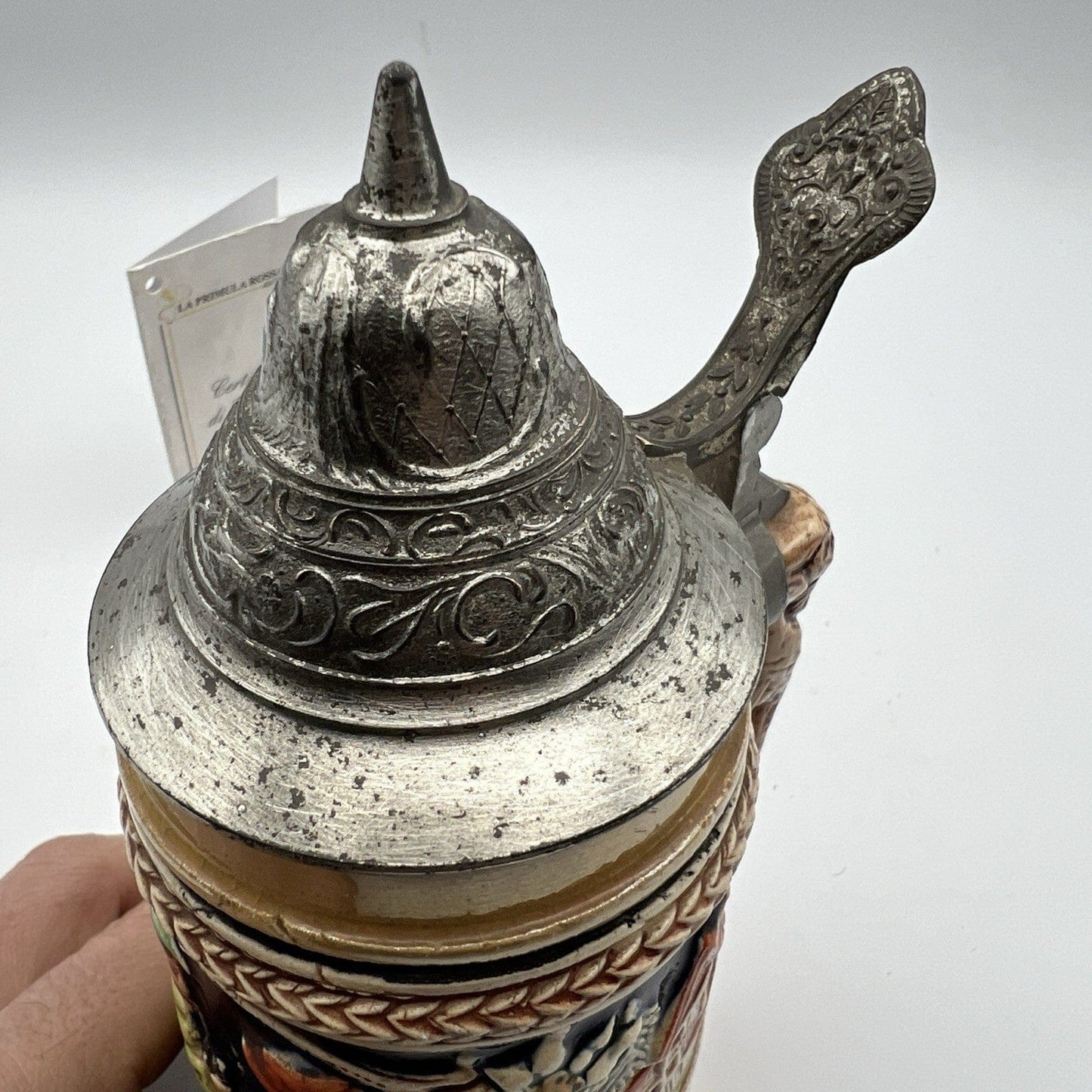 Boccale da birra in ceramica tedesco vintage con coperchio in peltro bicchiere A Categoria  Boccali