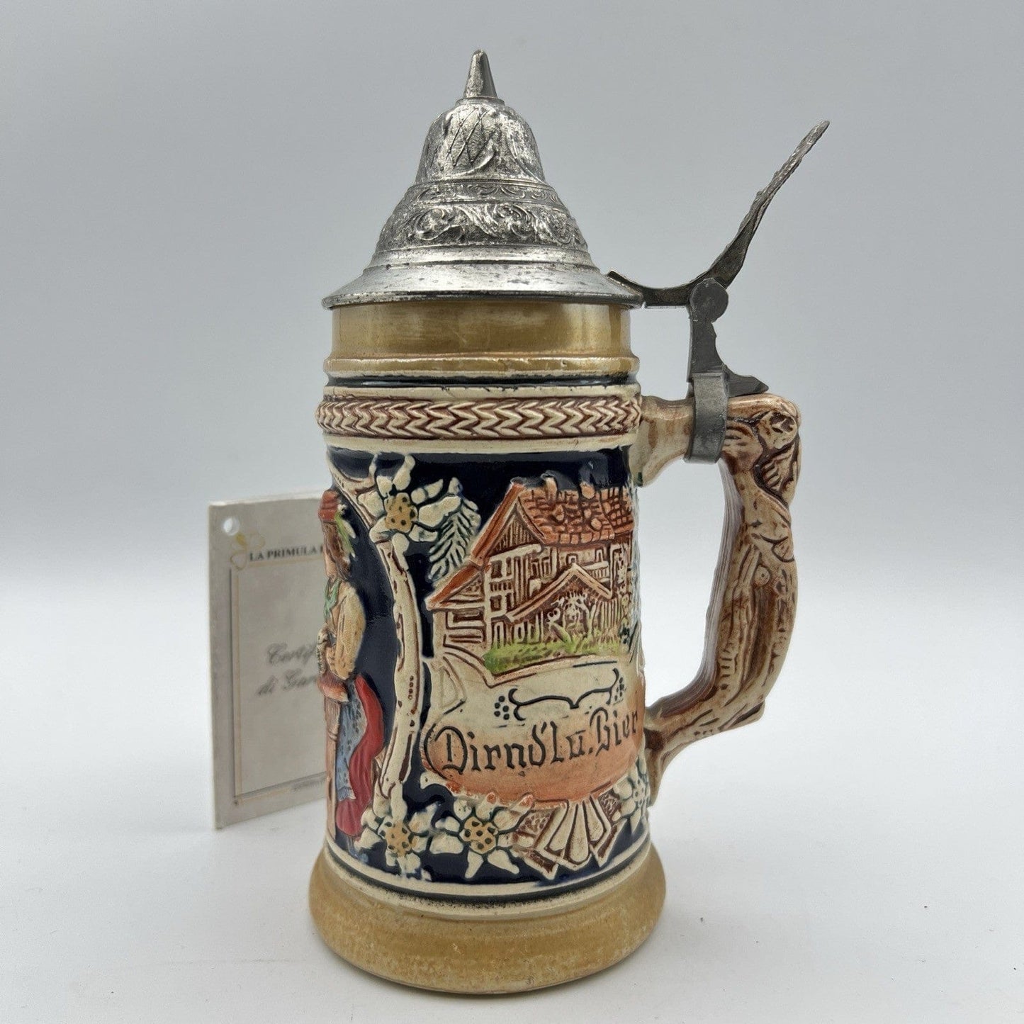 Boccale da birra in ceramica tedesco vintage con coperchio in peltro bicchiere A Categoria  Boccali