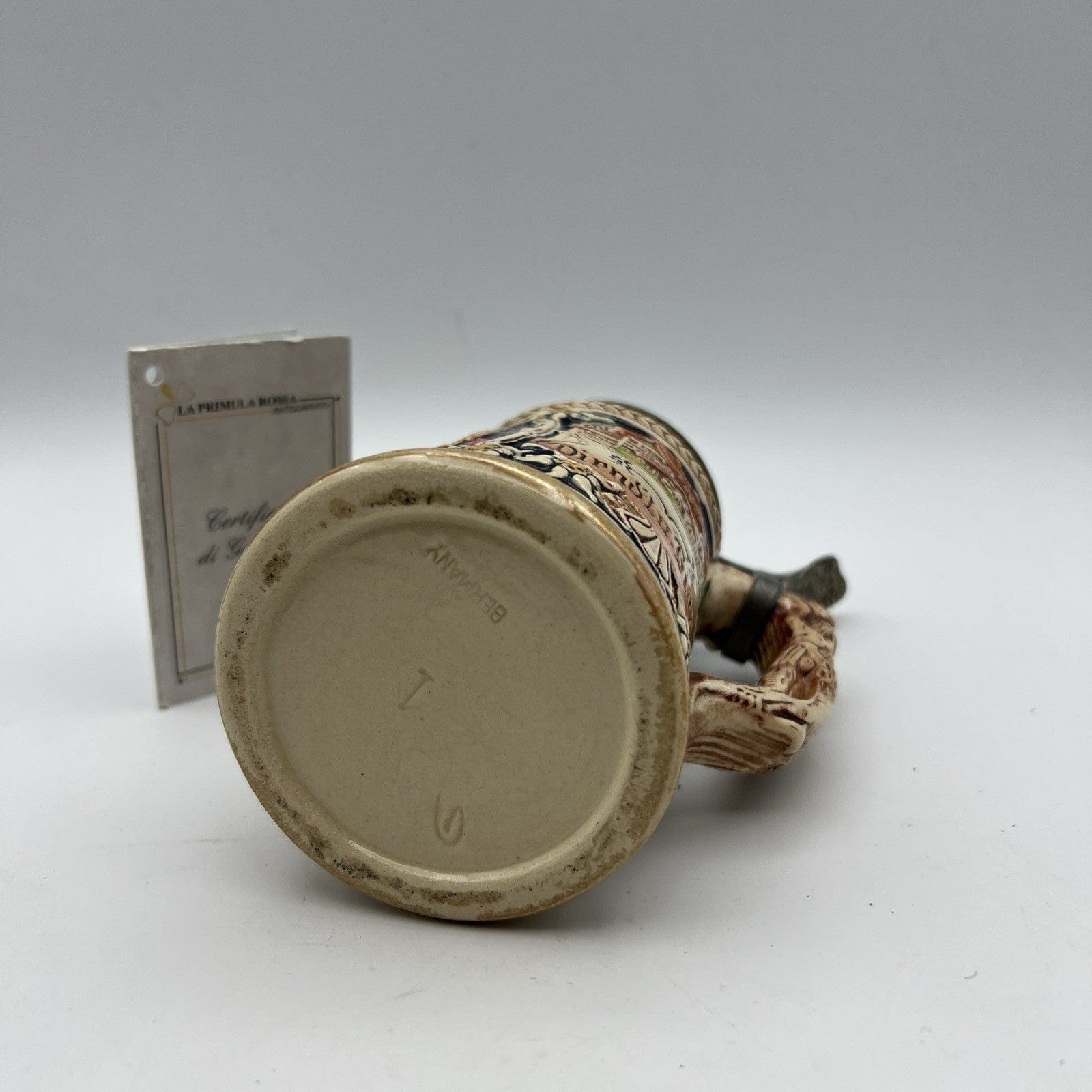 Boccale da birra in ceramica tedesco vintage con coperchio in peltro bicchiere A Categoria  Boccali