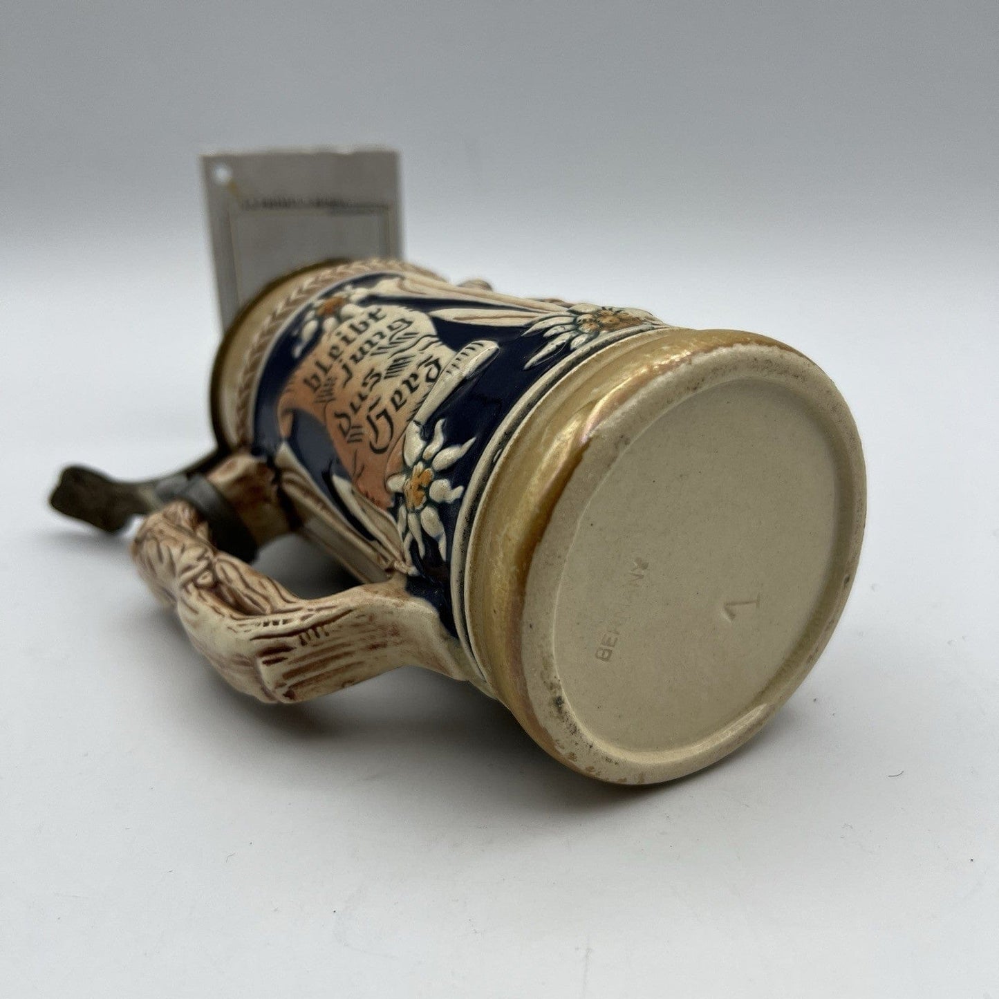 Boccale da birra in ceramica tedesco vintage con coperchio in peltro bicchiere B Categoria  Boccali