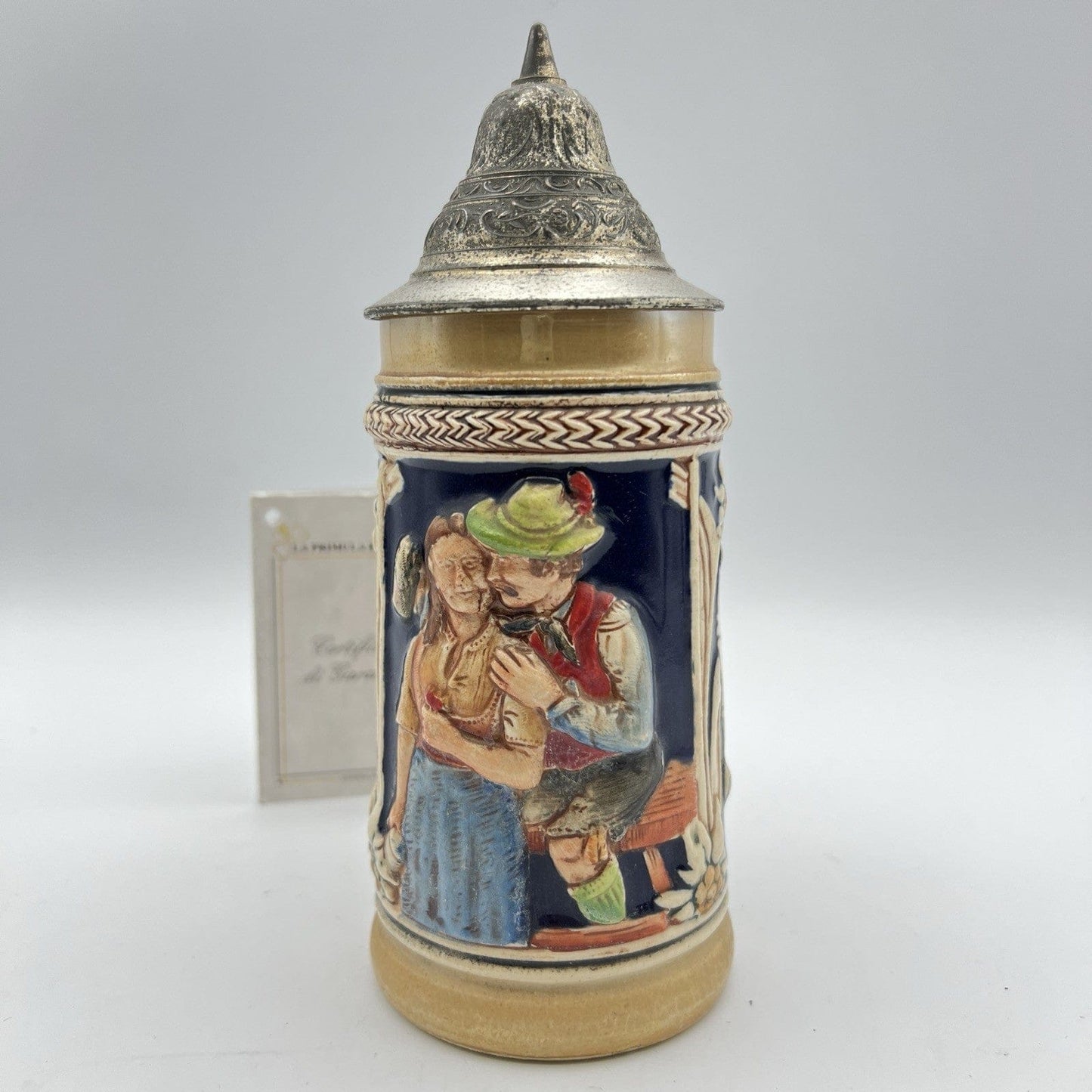 Boccale da birra in ceramica tedesco vintage con coperchio in peltro bicchiere B Categoria  Boccali