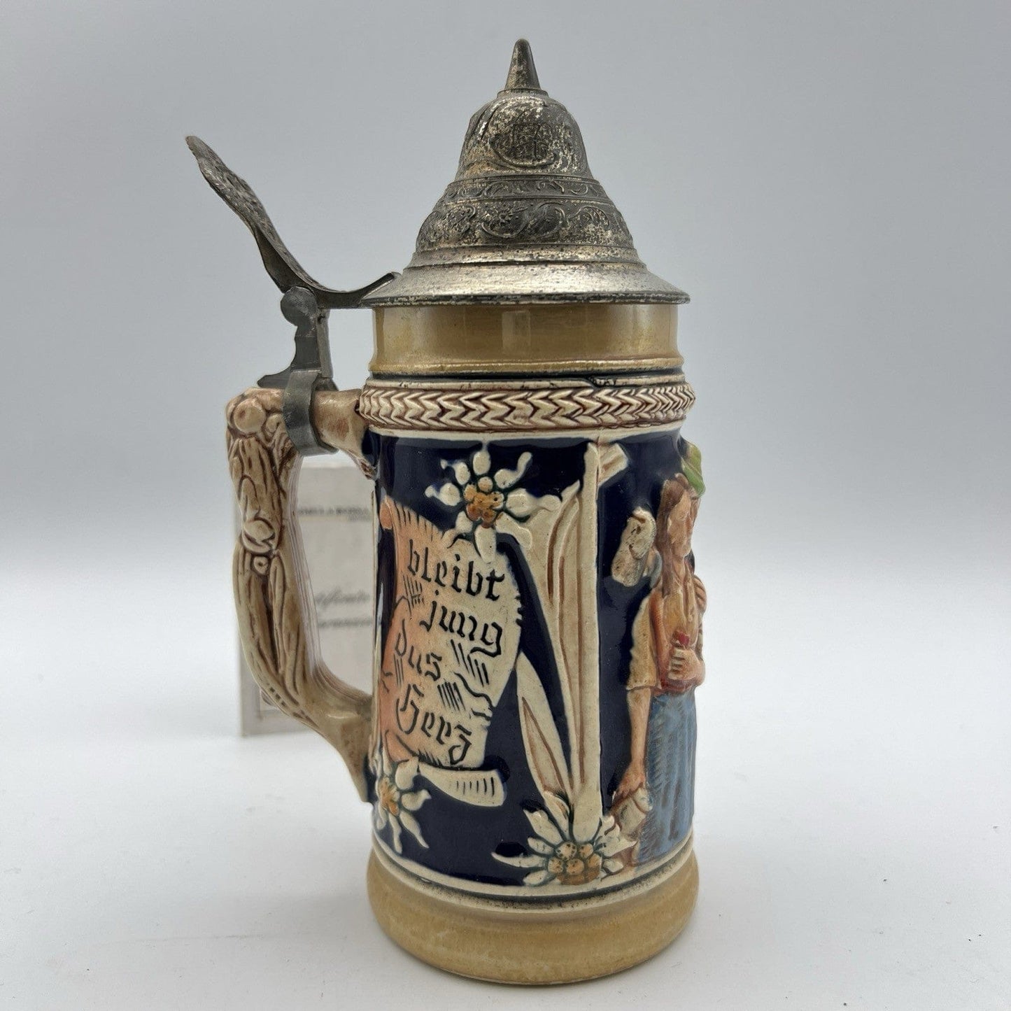 Boccale da birra in ceramica tedesco vintage con coperchio in peltro bicchiere B Categoria  Boccali